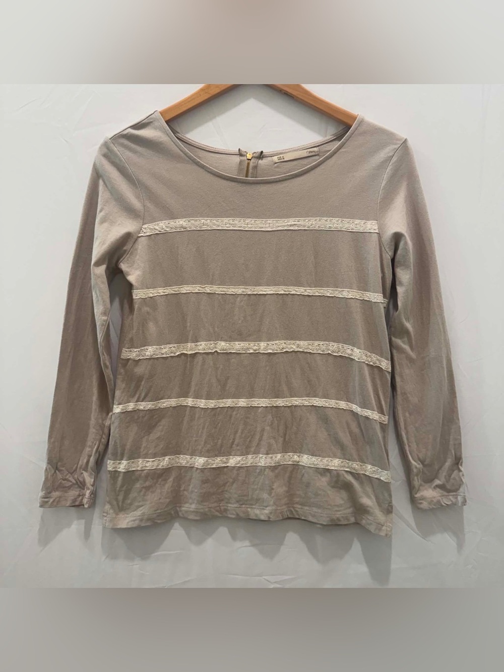 Sfera light Taupe Long Sleeve Tee with Cream Lace Stripes women M